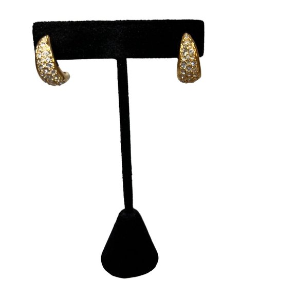 Swarovski Gold Plated Half Hoop Pierced Earrings Gold Crystals Dainty - Picture 3 of 9